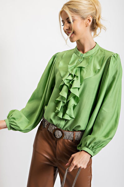 High quality Love Binetti Silk Ruffle Sleeve Blouse in Green Size 6