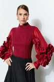 Rosette Ruffle Sheer Sleeve Jersey Top