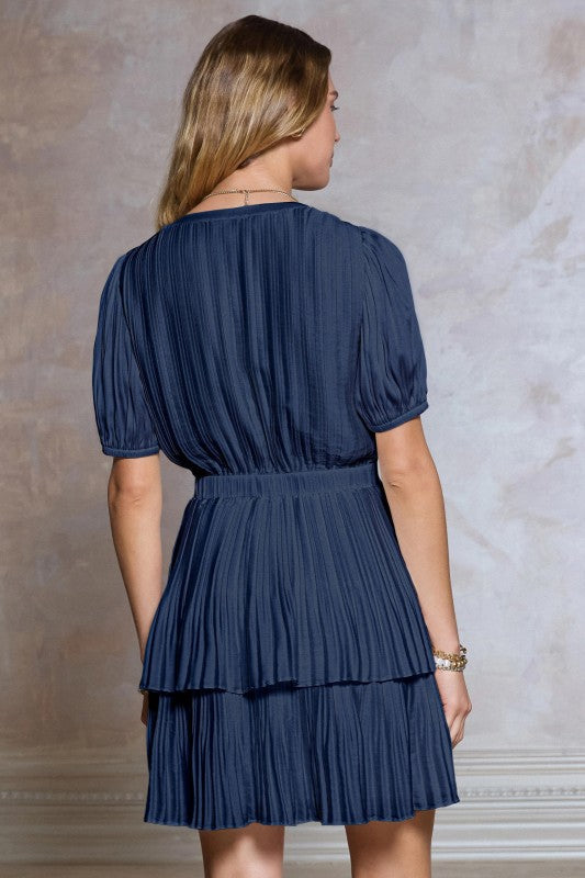 Pleated Tiered Short Sleeve Mini Dress IZEL BOUTIQUE Pleated Tiered Short Sleeve Mini Dress IZEL BOUTIQUE