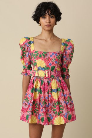 belted puff sleeve mini dress Farm Rio Belted Puff-Sleeve Mini Dress