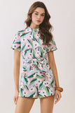 Floral Print Front Zipper Up Belted Romper