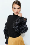 Rosette Ruffle Sheer Sleeve Jersey Top