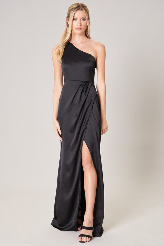 Black One Shoulder Asymmetrical Maxi Dress