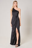 Black One Shoulder Asymmetrical Maxi Dress