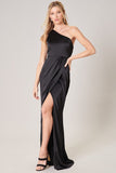 Black One Shoulder Asymmetrical Maxi Dress