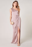 Mauve One Shoulder Asymmetrical Maxi Dress