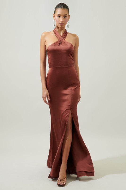 Rust Halter Satin Maxi Dress Rust Halter Satin Maxi Dress