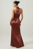 Rust Halter Satin Maxi Dress