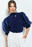 Pearl Detail Sheer Puff Sleeve Pleated Blouse