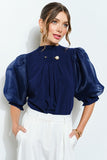 Pearl Detail Sheer Puff Sleeve Pleated Blouse