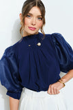 Pearl Detail Sheer Puff Sleeve Pleated Blouse