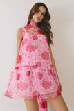 Floral Sheer High Neck With Self Tie Mini Dress