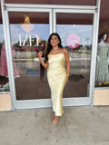 Lemon Luxe Strapless Satin Maxi Dress