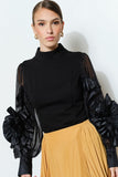 Rosette Ruffle Sheer Sleeve Jersey Top